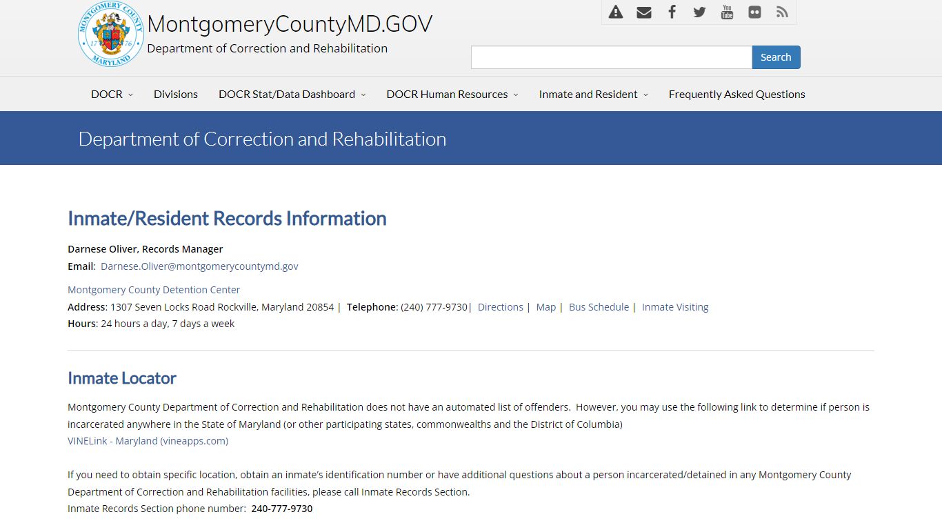 Inmate/Resident Records Information - Montgomery County Maryland